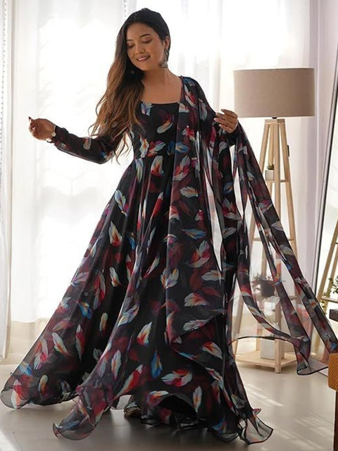 Moda Rapido Floral Printed Square Neck Long Sleeves Georgette A-Line Maxi Dress