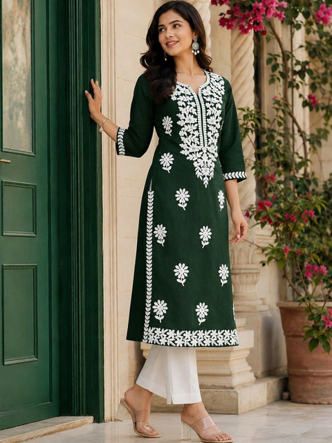 LUSIVA Embellished Embroidered Thread Work Round Neck Regular Sleeves Kurta - Image 2