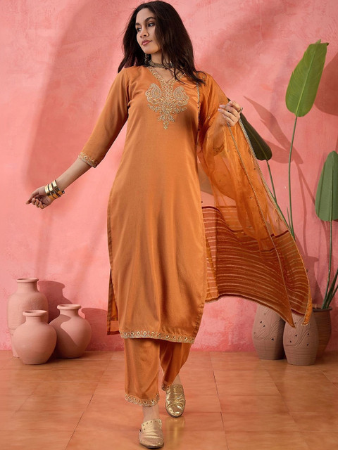 Sangria Women Ethnic Motifs Embroidered Regular Kurta with Trousers & With Dupatta