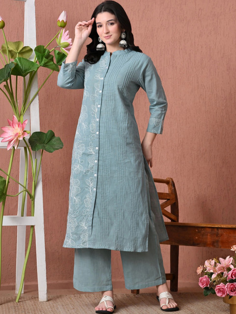 CRENOL THREADS Women Floral Embroidered Cotton Kurta with Palazzos Co-Ords