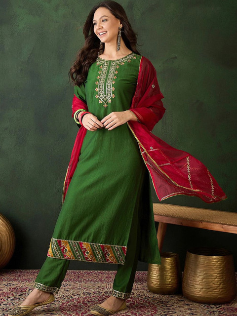 Sangria Women Ethnic Motifs Embroidered Regular Thread Work Kurta with Trousers & With Dupatta