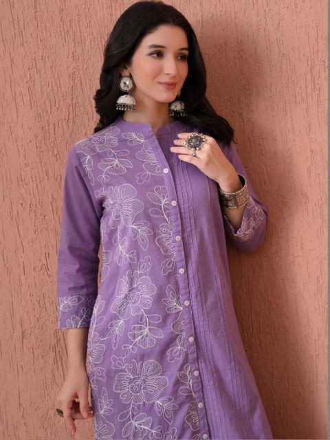 CRENOL THREADS Women Floral Embroidered Cotton Kurta with Palazzos Co-Ords - Image 7