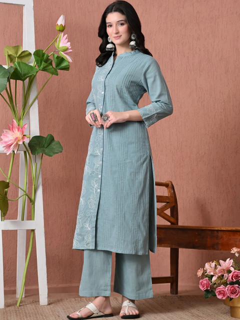 CRENOL THREADS Women Floral Embroidered Cotton Kurta with Palazzos Co-Ords - Image 7