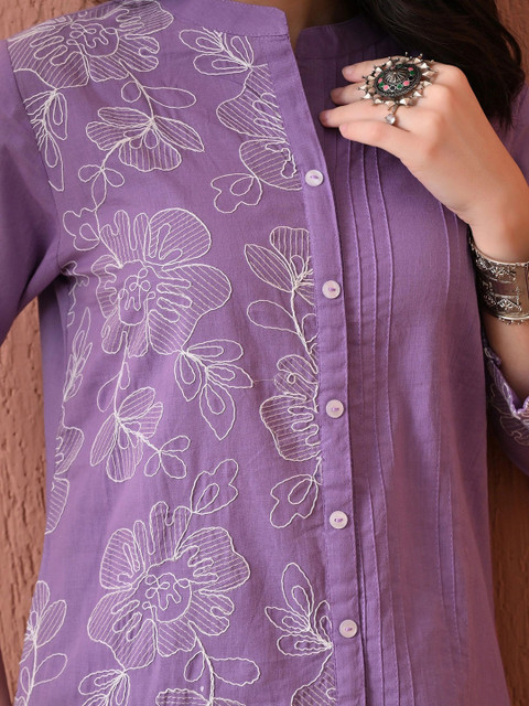 CRENOL THREADS Women Floral Embroidered Cotton Kurta with Palazzos Co-Ords - Image 4