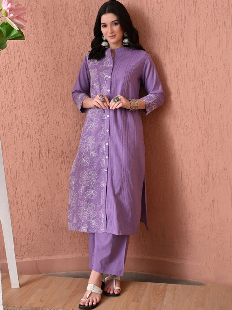 CRENOL THREADS Women Floral Embroidered Cotton Kurta with Palazzos Co-Ords - Image 2