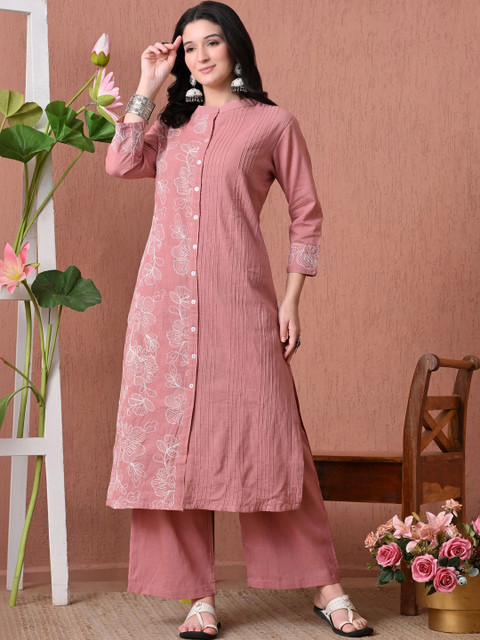 CRENOL THREADS Women Floral Embroidered Cotton Kurta with Palazzos Co-Ords