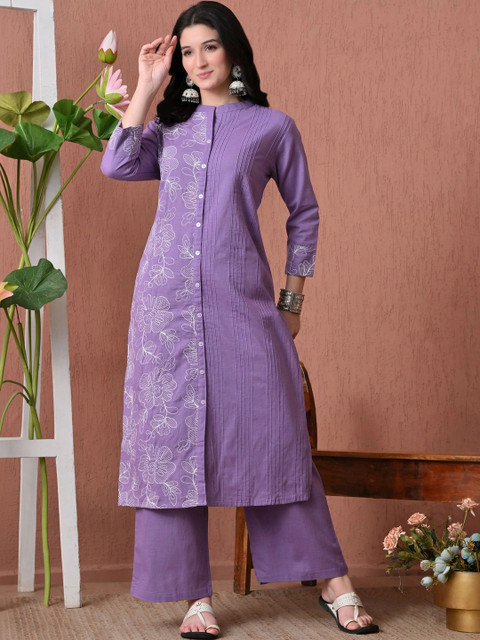 CRENOL THREADS Women Floral Embroidered Cotton Kurta with Palazzos Co-Ords
