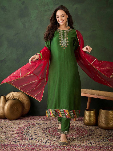 Sangria Women Ethnic Motifs Embroidered Regular Thread Work Kurta with Trousers & With Dupatta - Image 3
