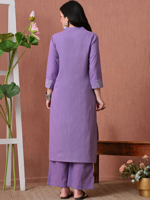 CRENOL THREADS Women Floral Embroidered Cotton Kurta with Palazzos Co-Ords - Image 6