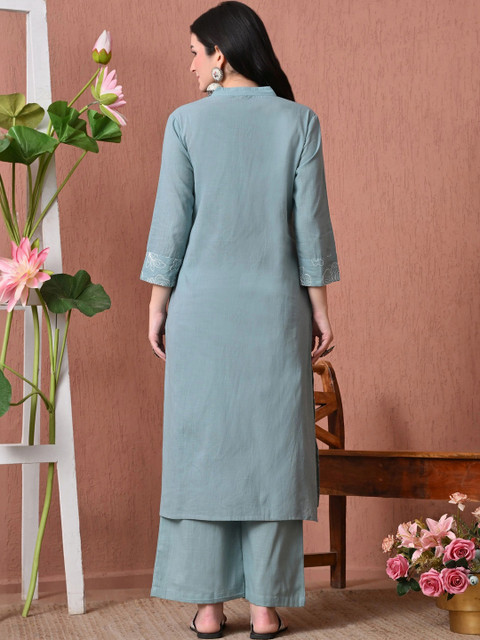 CRENOL THREADS Women Floral Embroidered Cotton Kurta with Palazzos Co-Ords - Image 6