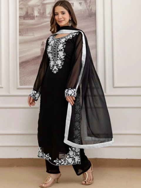 KSUT Floral Embroidered Round Neck Thread Work Kurta With Trousers & Dupatta - Image 3