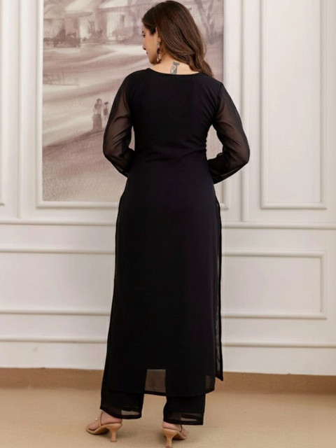 KSUT Floral Embroidered Round Neck Thread Work Kurta With Trousers & Dupatta - Image 5