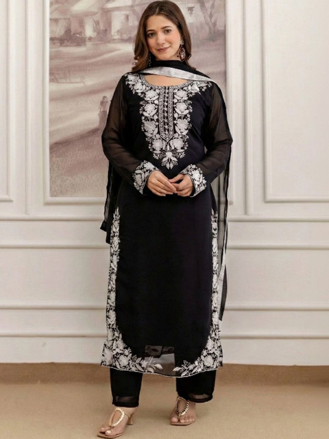 KSUT Floral Embroidered Round Neck Thread Work Kurta With Trousers & Dupatta
