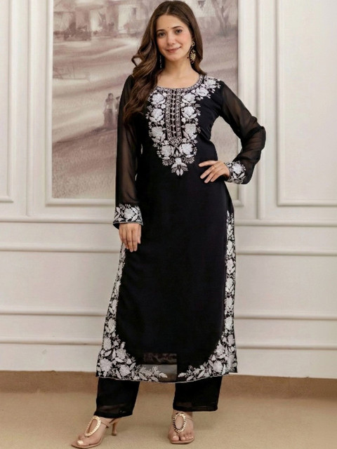 KSUT Floral Embroidered Round Neck Thread Work Kurta With Trousers & Dupatta - Image 4