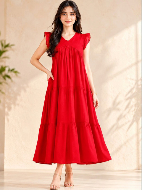 KALINI Flutter Sleeve Ruffled A-Line Midi Dress