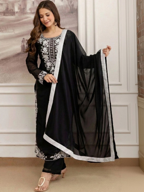 KSUT Floral Embroidered Round Neck Thread Work Kurta With Trousers & Dupatta - Image 2
