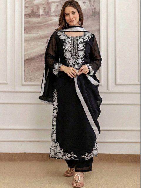 KSUT Floral Embroidered Round Neck Thread Work Kurta With Trousers & Dupatta - Image 7