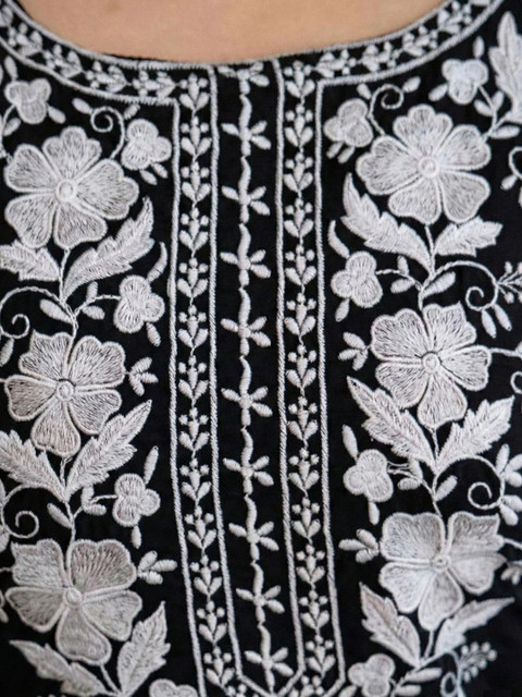 KSUT Floral Embroidered Round Neck Thread Work Kurta With Trousers & Dupatta - Image 6