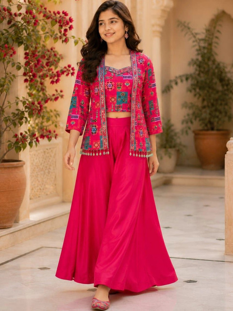 HERE&NOW Printed Square Neck Crop Top With Palazzos & Jacket