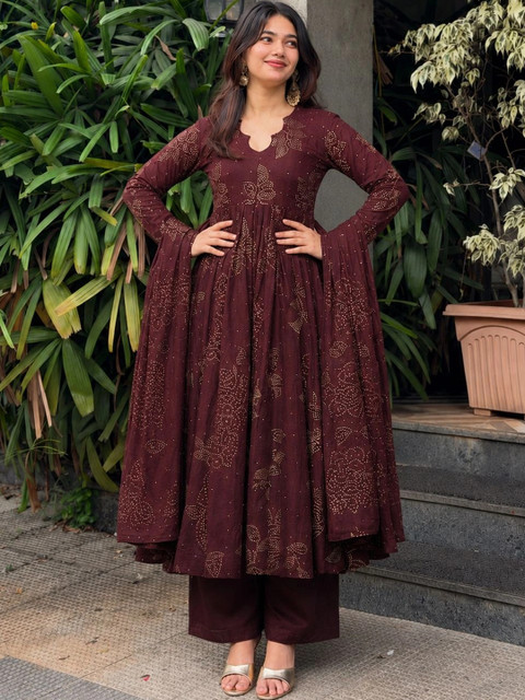 KALINI Women's Wine Rayon Blend Printed Anarkali Kurta Set with Dupatta - Image 3