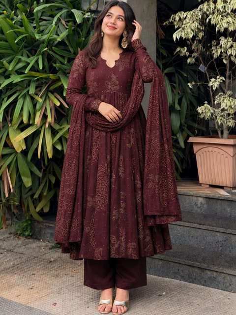 KALINI Women's Wine Rayon Blend Printed Anarkali Kurta Set with Dupatta - Image 2