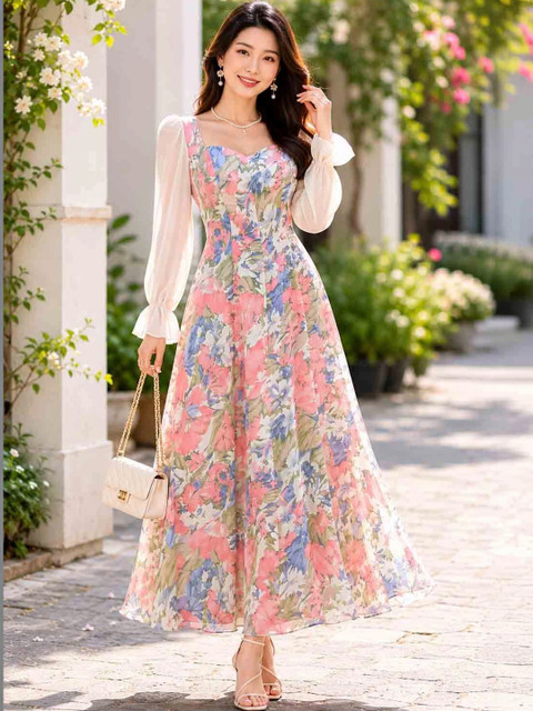 HOOk i Floral Print Bishop Sleeve A-Line Maxi Dress