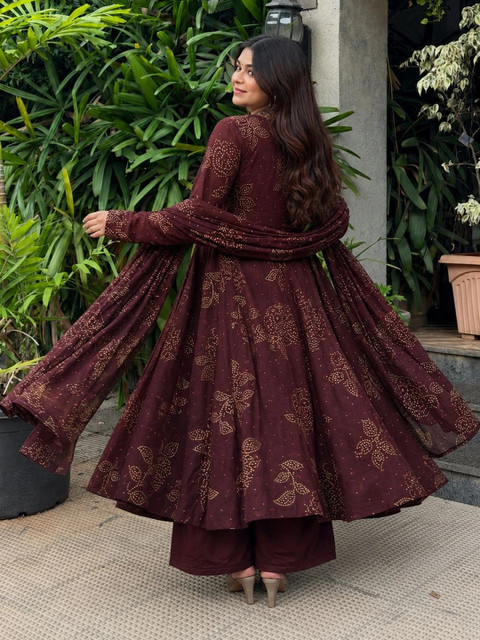 KALINI Women's Wine Rayon Blend Printed Anarkali Kurta Set with Dupatta - Image 5