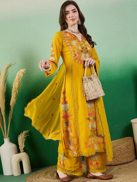 House of varada Women Floral Embroidered Regular Sequinned Kurta with Palazzos & With Dupatta - Image 6