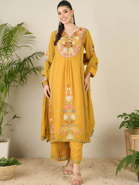 House of varada Women Ethnic Motifs Embroidered Empire Mirror Work Kurta with Palazzos & With Dupatta