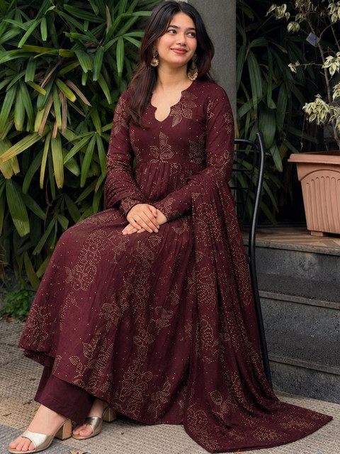 KALINI Women's Wine Rayon Blend Printed Anarkali Kurta Set with Dupatta - Image 4