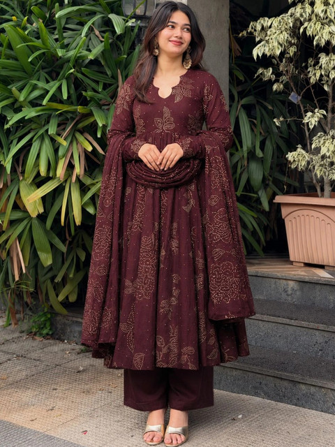 KALINI Women's Wine Rayon Blend Printed Anarkali Kurta Set with Dupatta