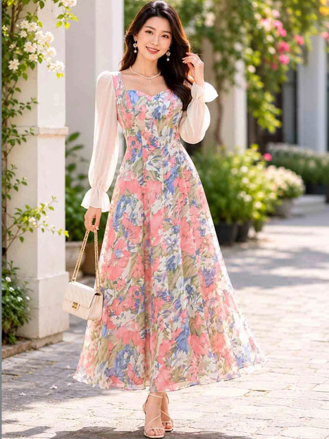 HOOk i Floral Print Bishop Sleeve A-Line Maxi Dress