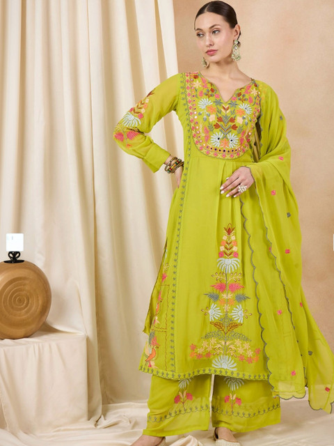 House of varada Women Floral Embroidered Regular Mirror Work Kurta with Palazzos & With Dupatta