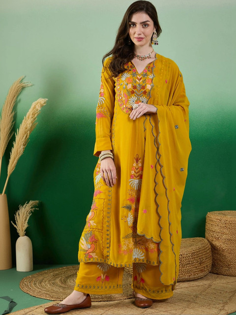 House of varada Women Floral Embroidered Regular Sequinned Kurta with Palazzos & With Dupatta