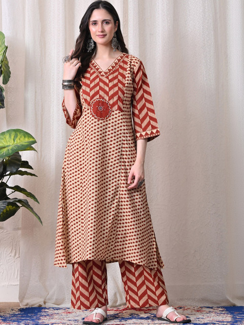 MEERA FAB Women Printed Regular Thread Work Pure Cotton Kurta with Trousers & With Dupatta - Image 7