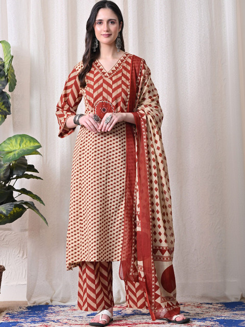 MEERA FAB Women Printed Regular Thread Work Pure Cotton Kurta with Trousers & With Dupatta - Image 5
