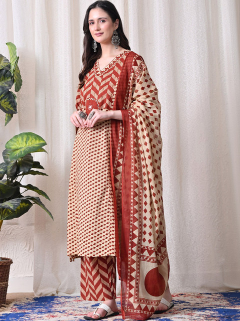MEERA FAB Women Printed Regular Thread Work Pure Cotton Kurta with Trousers & With Dupatta - Image 4