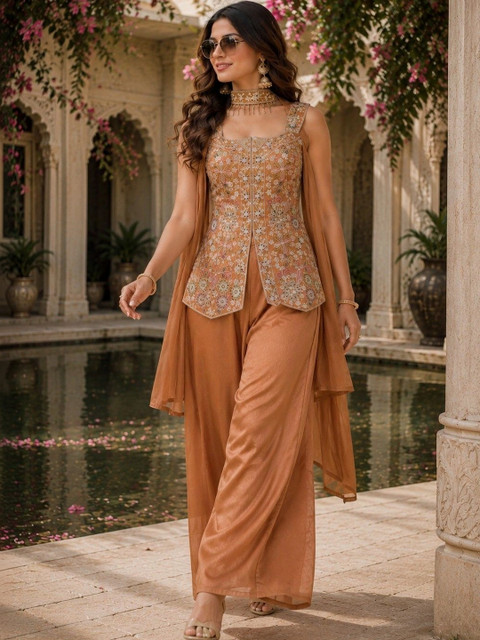 Sangria Women Ethnic Motifs Embroidered Angrakha Kurti with Palazzos & With Dupatta - Image 7