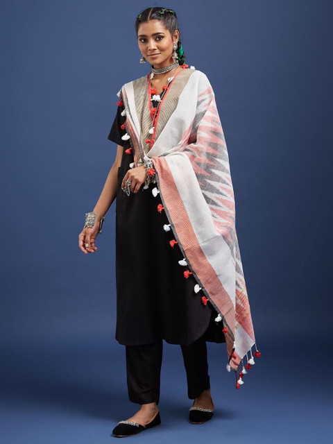 Taavi Ikkat Printed Pom Pom Edgings Dupatta - Image 3