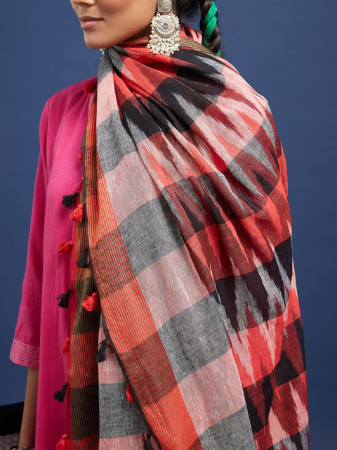 Taavi Ikat Woven Design Pom Pom Edgings Dupatta - Image 2