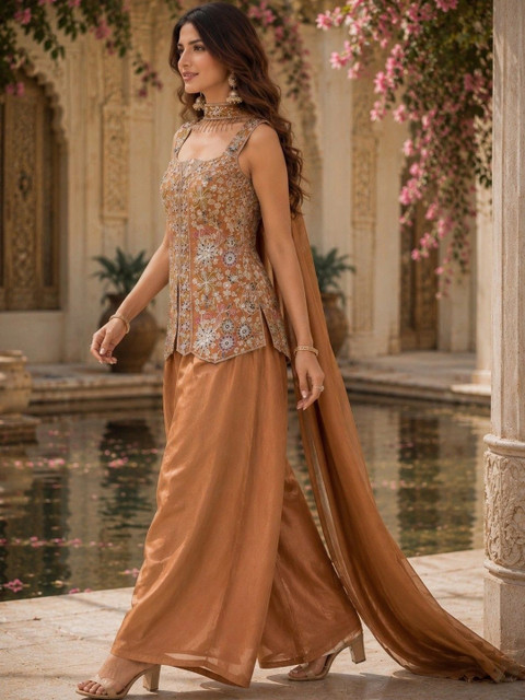 Sangria Women Ethnic Motifs Embroidered Angrakha Kurti with Palazzos & With Dupatta - Image 6