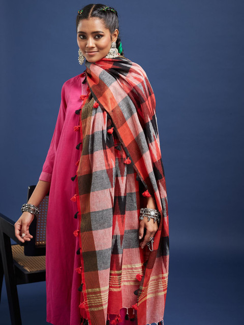 Taavi Ikat Woven Design Pom Pom Edgings Dupatta - Image 4