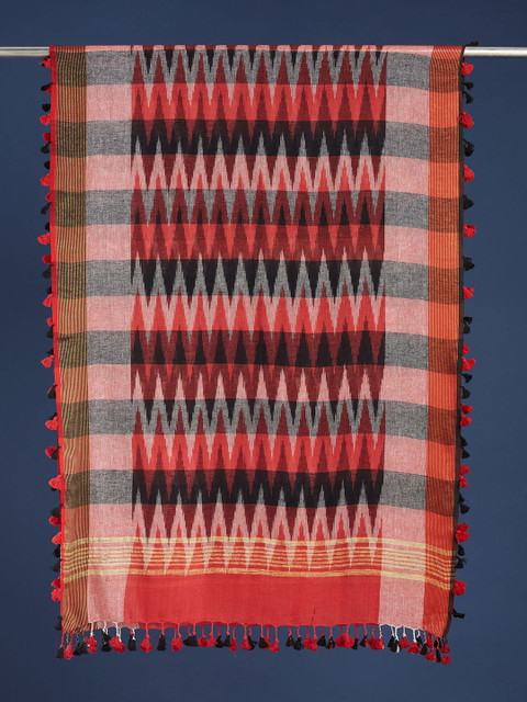 Taavi Ikat Woven Design Pom Pom Edgings Dupatta - Image 6