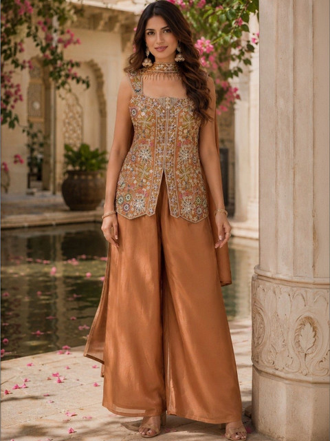 Sangria Women Ethnic Motifs Embroidered Angrakha Kurti with Palazzos & With Dupatta