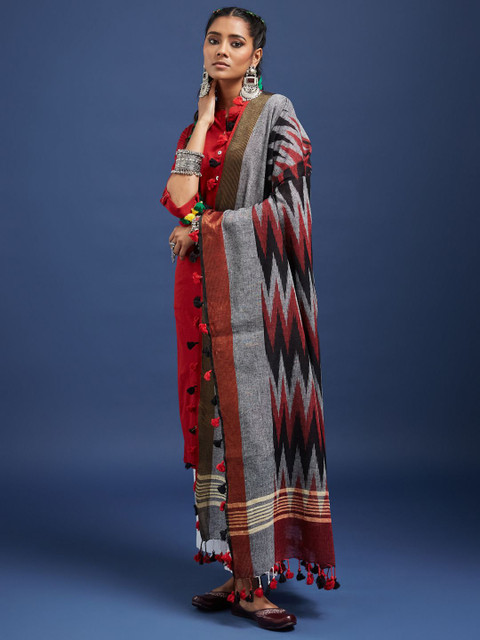 Taavi Woven Design Dupatta With 4 Side Pom Pom Edgings