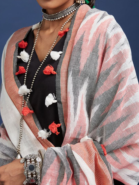 Taavi Ikkat Printed Pom Pom Edgings Dupatta - Image 2