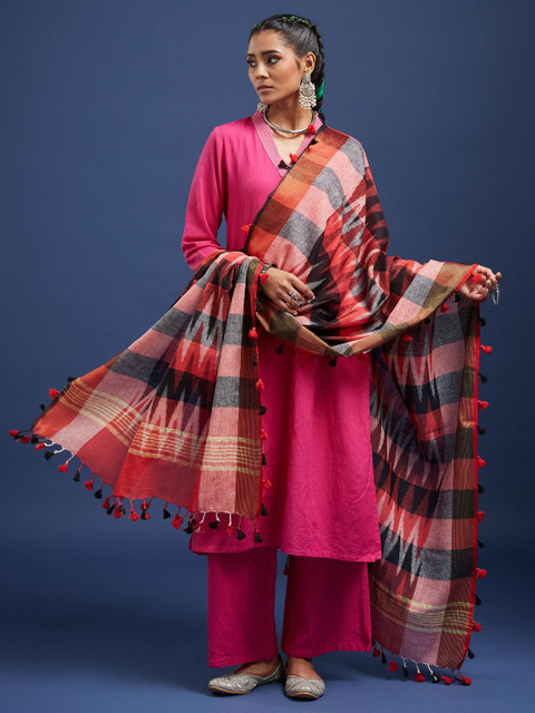 Taavi Ikat Woven Design Pom Pom Edgings Dupatta