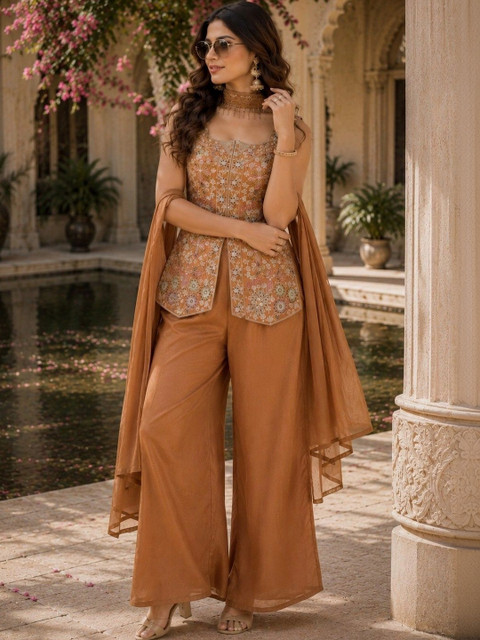 Sangria Women Ethnic Motifs Embroidered Angrakha Kurti with Palazzos & With Dupatta - Image 4