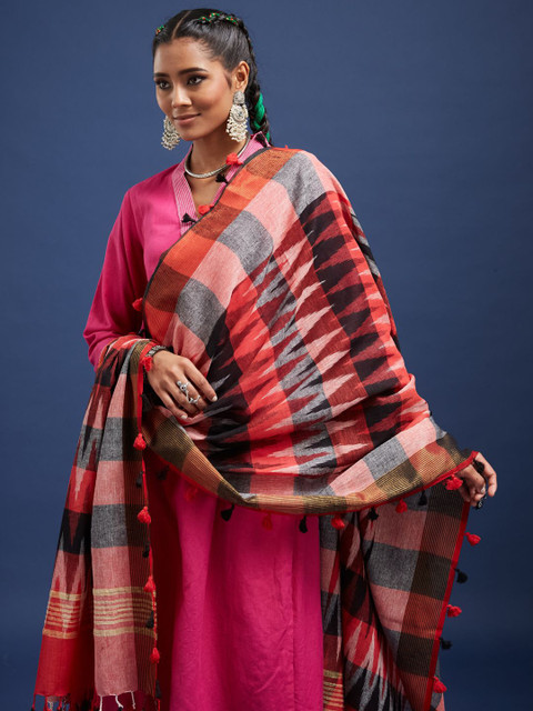 Taavi Ikat Woven Design Pom Pom Edgings Dupatta - Image 5