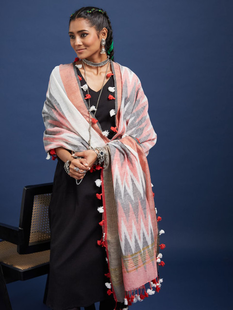 Taavi Ikkat Printed Pom Pom Edgings Dupatta - Image 4